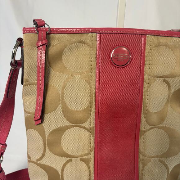Coach Signature Stripe Duffle Crossbody Bag Khaki Jacquard Pink Patent Leather - Picture 5 of 12
